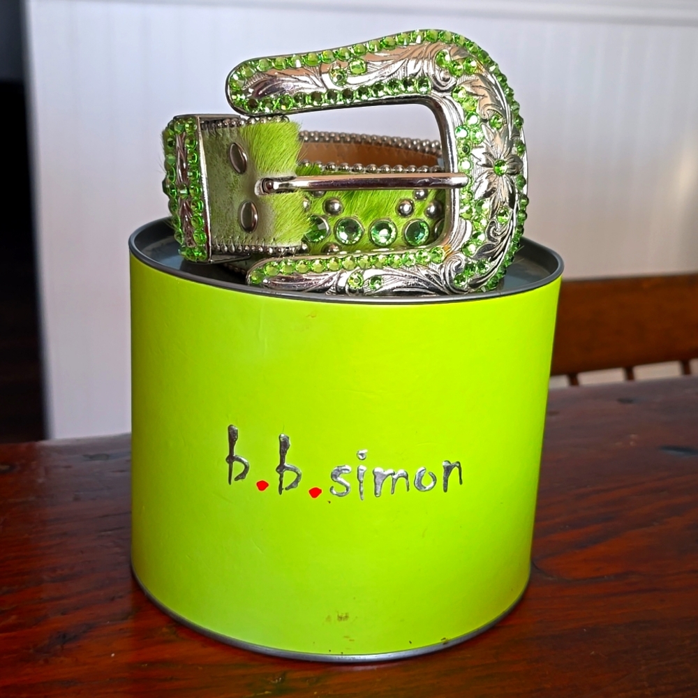 BB Simon Crystal Western Leather Belt Lemon Lime Acid cowhide size 29